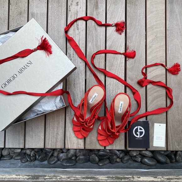 Giorgio Armani Shoes - GIORGIO ARMANI Red Sandals w Heel & Braided Laces